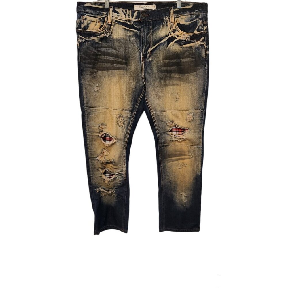 Blue Cult Jeans Distressed‎ Denim Blue Mens 42x31 Flannel Backed Holes Unique